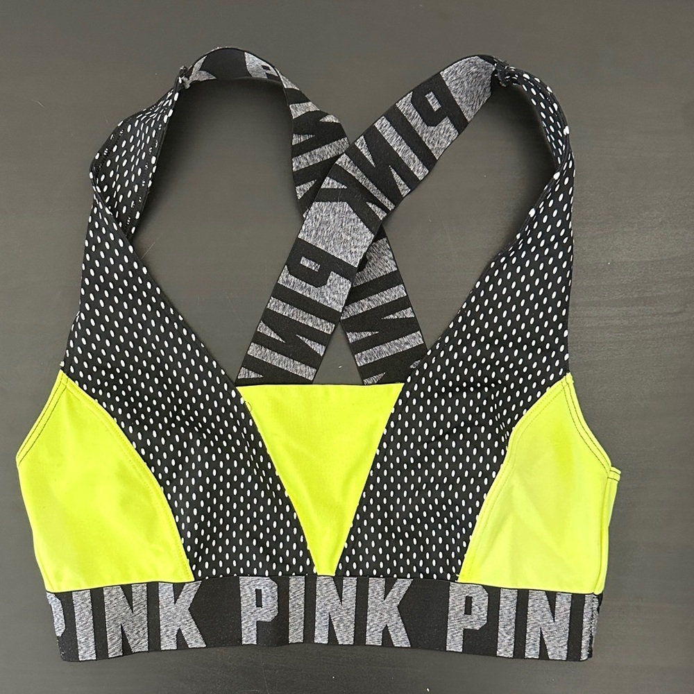 PINK Victoria's Secret Neon Yellow and Black Bikini Top